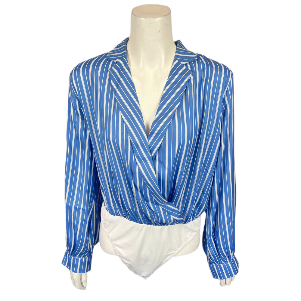 StyleList by Micaela Women's Printed Wrap Front Bodysuit Blue Stripe Medium Size